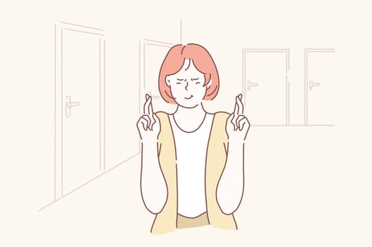 Desire, Expectation, Win, Hope, Dream concept. Teenager Girl Schoolgirl Student waits for good news. Young joyful, dreamy woman fingers crossed, makes wish. Vector flat design.
