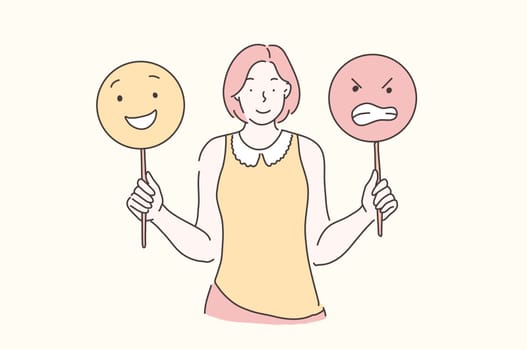 Manage Emotions, Training, Mood concept. Young beautiful woman teaches develops emotional intelligence. Teenager girl holding emoticons. Vector flat design.