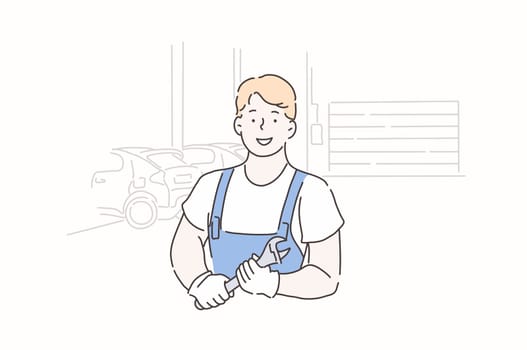 Maintenance, Assistance, Repair, Service concept. Young experienced master man with a wrench, repairing a car or consulting. Cheerful guy with a smile, starts his favorite work. Vector flat design.