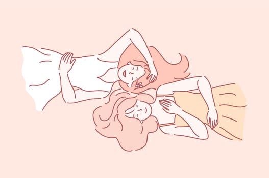 Friendship, unity, fun, entertainment concept. Team young, lovely, beautiful friends woman smiling lying on their back. Sisters have their leisure time, weekends. Vector flat design.