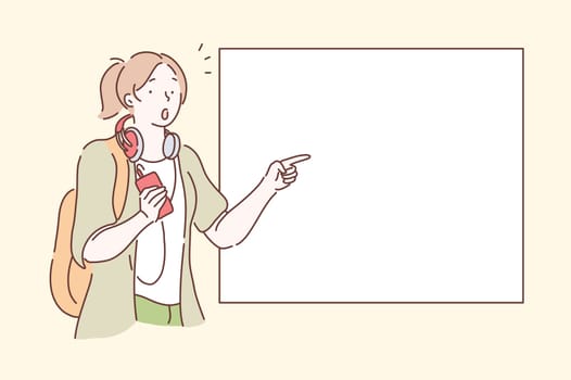Surprise, Advertising, Promotion concept. Young, modern, happy, surprised woman holds mobile phone, points at copy space for label or brand name. Teenager girl freelancer journey advertises. Vector flat design.