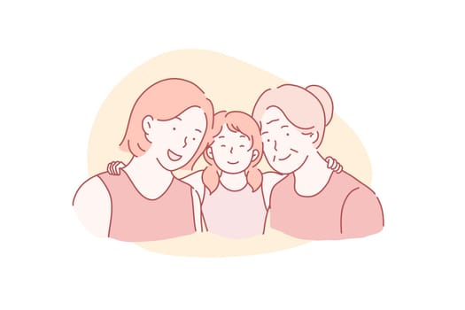 Mothers Day, International Womens Day, March 8 concept. A young mother with a small daughter and a pensioner grandmother hugging together. Vector flat design.