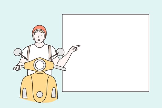 Demonstrates Advertising Promotion concept. Young man driver impressed indicates with wonder aside. Modern guy demonstrates an emptyspace for new content. Vector flat design.