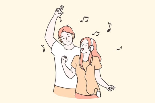 Party, Pleasure, Favorite hits concept. Young modern Man and Woman, Students, Bloggers, Vloggers dance relax listen to your playlist with the best tracks. Cheerful teenagers boy and girl in headphones emotionally moving. Vector flat design.