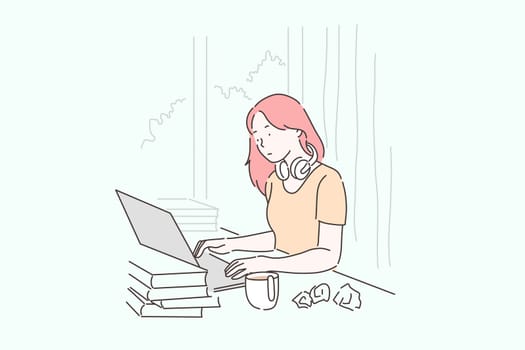 Deadline, time management, audit concept. Tired, sad and stress girl working on a laptop. Woman clerk upset or does not have time to make a report on the computer. Vector flat design.
