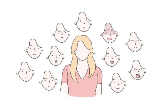 Set of woman emotions concept. Young girl with surprised, angry, scared, happy, smiling, joyful facial expression. Vector flat design.