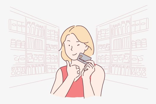 Shopping, profitable, advertising, unlimited concept. Young beautiful happy woman ready to buy in a boutique or shop. Cute business girl promotes ladies, offers banking services, credit. Vector flat design.
