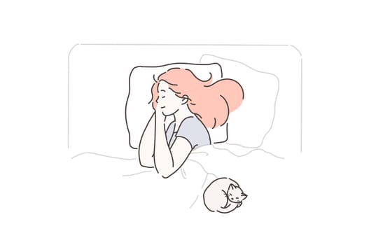 Sleep, fatigue, pleasure, favorite concept. Young, beautiful, calm, peaceful woman enjoys sleep in her comfortable bed. Cute girl resting after a working or school day with your pet. Vector flat design.