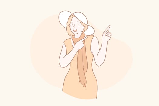 Promotion, marketing, advertisement concept. A young woman or girl points away with both fore fingers, shows blank space for your promotion. Vector flat design.
