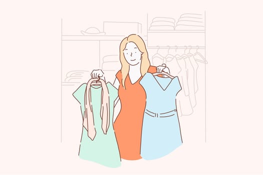 Shopping, fashion, dress, clothes concept. A young girl chooses, measures, sells or buys fashion dresses at a clothing store or home. Vector flat design.