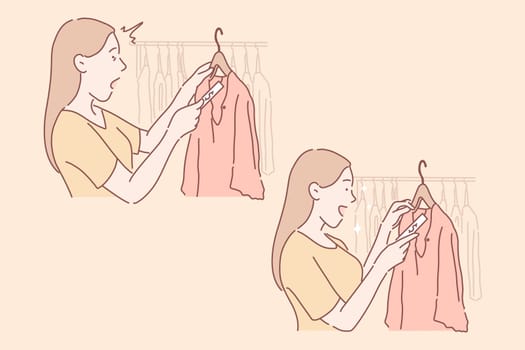 Shopping, sale, buyer set concept. Happy woman saw dress on sale and amazed at it. Young girl buyer is surpised by expensive price on clothing. Female is in clothing shop. Simple flat vector.