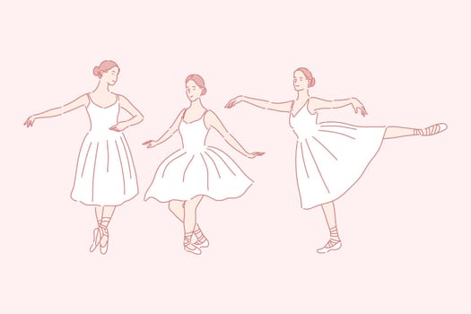 Dancing, ballet, teaching set concept. Young woman is russian ballet dancer. Graceful girl is being taught ballet. Cheerful female ballerina loves dancing and doing perfomance. Simple flat vector.
