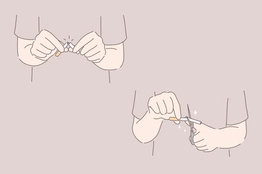 Stop or no smoking set concept. Hands are breaking cigarettes. Stopping to smoke, cutting cigarettes with scissors. Mans hands are leaving off smoking. Qutting from addiction. Simple flat vector