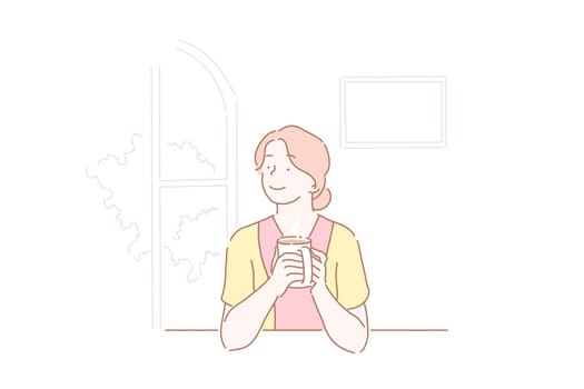 Girl in love dreams of, thinks, or resting drinking a cup of coffee at kitchen. Happy young housewife after work at home. Vector flat design.