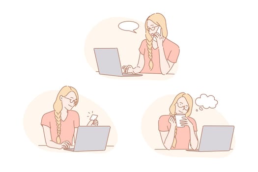 Communication, thinking, online payment set concept. Woman makes online payment on internet. Girl has job interview calling number on visiting card. Businesswoman waits for answer. Simple flat vector