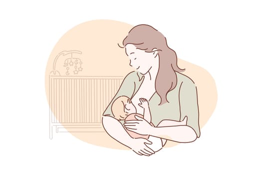 Breastfeeding, motherhood, childhood concept. New mom breastfeeding a newborn baby. A mother loves, cares, hugs her child. Vector flat design.