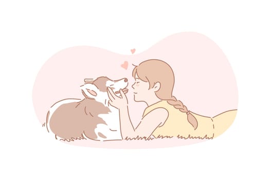 Owner, dog, pet, care concept. Young girl cares about her dog. Happy child is hugging domestic pet. True friendship between human and animal. Owner and pet is devoted to each other. Simple flat vector