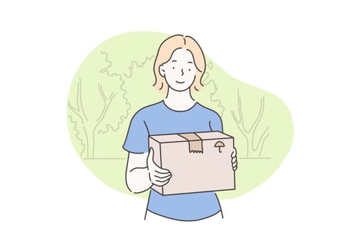 Postman, shipping, delivery, courier concept. Girl working, delivers the purchase to the recipient. Young beautiful woman in holding out cardboard box. Vector flat design.