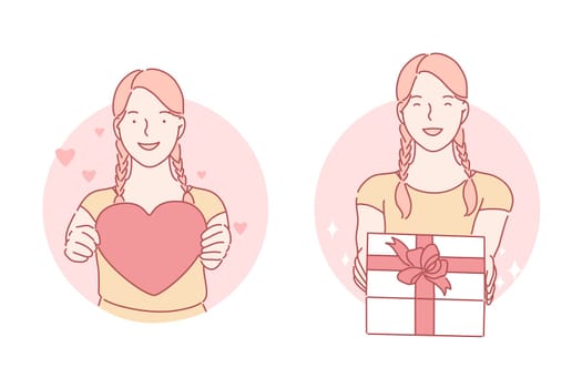 Heart, gift, birthday set concept. Young cheerful woman presents heart on valentines day. Happy girl is giving gift on birthday. Hearted girlfriend gifts present at anniversary. Simple flat vector