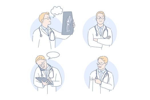 Doctor, therapist, medicine set concept. Man doctor looks at results of examination talking on mobile phone. Young boy therapist makes offer. Intern is thinking of xray results. Simple flat vector