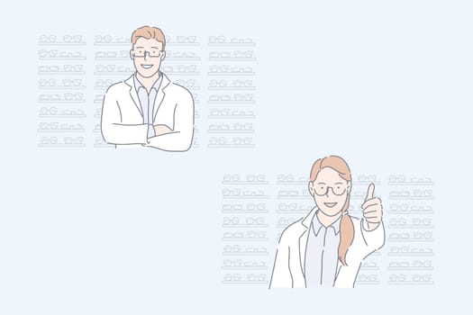 Optics store, oculist, eyes health set concept. Young man oculist advertises his optics store. Happy woman doctor shows like and presents assortment of glasses for eyes health. Simple flat vector