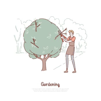 Young man cutting bush, guy in apron holding scissors, plant care, gardening service worker, summer horticulture banner. Gardener pruning tree concept cartoon sketch. Flat vector illustration