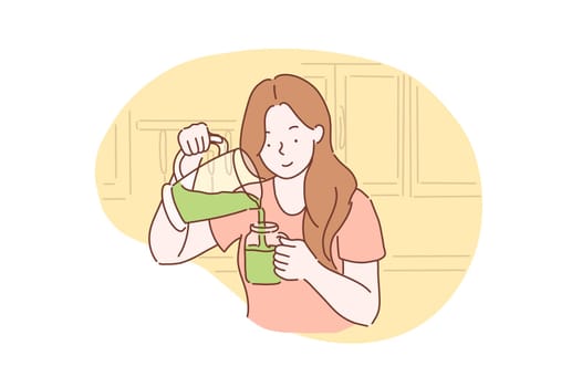 Health, vegetarianism, Vegan Green Concept. Happy healthy young woman got a vegetarian meal, Breakfast. Teenager Student girl with smile ready to eat healthy. Vector flat design.