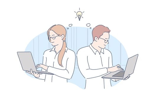 Coworking, idea, brainstorm, teamwork concept. Young man and woman do teamwork in business project in office. Boy and girl got similar idea with help of coworking and brainstorm. Simple flat vector