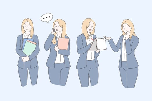Business, planning, communication, presentation set. Young businesswoman or lady is busy with work management , customer service. Teacher or student preparing for the test. Vector flat design.