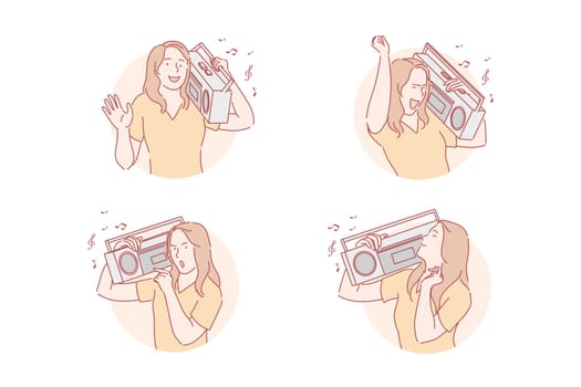 Dancing and listening music on retro recorder set concept. Young woman listens music from tape recorder. Girl enjoys musical composition sounding in cassette player and sings along. Simple flat vector