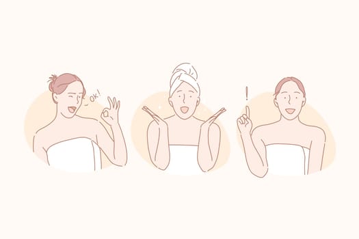 Beauty, skincare, spa set concept. Young beautiful woman covering in towel shows ok sign. Girl is surprised by effect of skincare ointment . Happy female got idea to go to spa. Simple flat vector.