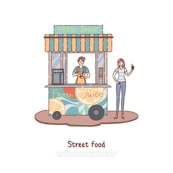 Man selling fresh juice, summer refreshment, vendor and happy customer, street food stall, take away service, juice kiosk banner. Lemonade sale booth concept cartoon sketch. Flat vector illustration