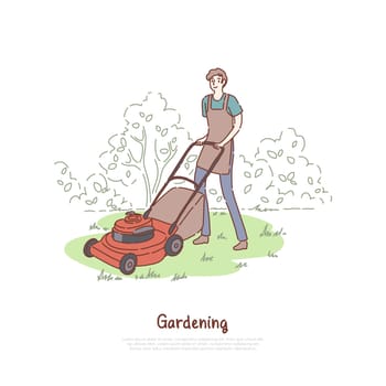Guy working with lawnmower, husbandry, grass trimming service, outdoor chores, landscaping, gardening equipment banner. Happy gardener mowing lawn concept cartoon sketch. Flat vector illustration
