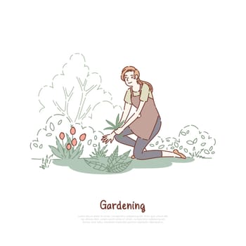 Happy lady working in garden, female gardener in apron, plant care, horticulture chores, agriculture, gardening banner. Young woman planting flowers concept cartoon sketch. Flat vector illustration