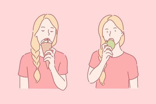 Eating junk or healthy food set concept. Young girl likes licking cold ice cream. Child tastes delicious apple. Kid is choosing between unhealthy fast food and vegan nutrition. Simple flat vector