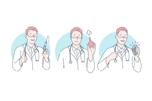 Doctor, medical procedures set concept. Young man doctor with syringe full of cure show like. Happy boy physiotherapist demonstrates enema. Male nurse offers to use glucometer. Simple flat vector