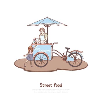 Woman in apron selling sweet dessert, vendor and little child, delicious dairy, summer refreshment, street food banner. Ice cream bicycle, trolley concept cartoon sketch. Flat vector illustration