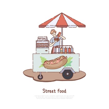 Fast meal sale business, seller cooking tasty snack, sausage, unhealthy quick lunch, takeaway service, hot dog trolley banner. Street food kiosk concept cartoon sketch. Flat vector illustration