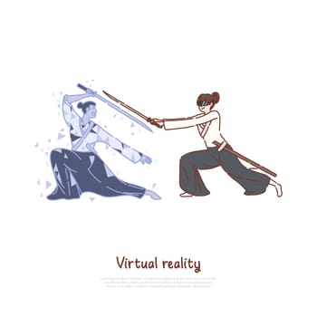 Entertainment technology, woman in headset, samurai hologram holding weapon, training program, VR video game banner. Sword fight in virtual reality concept cartoon sketch. Flat vector illustration