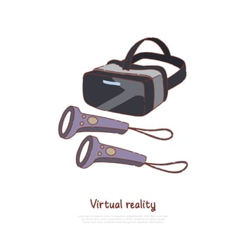 VR glasses with controllers, interactive entertainment innovation, gadget for business and education, AR technology banner. Virtual reality headset concept cartoon sketch. Flat vector illustration