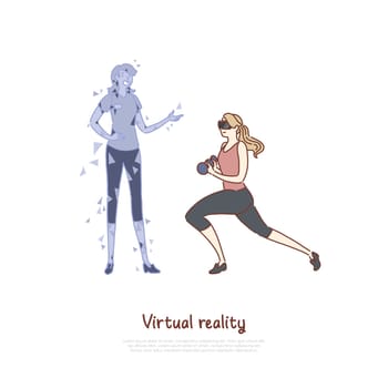 Young woman in VR headset doing exercise, coach hologram, girl holding dumbbells, futuristic fitness banner. Sport in virtual reality, training at home concept cartoon sketch. Flat vector illustration
