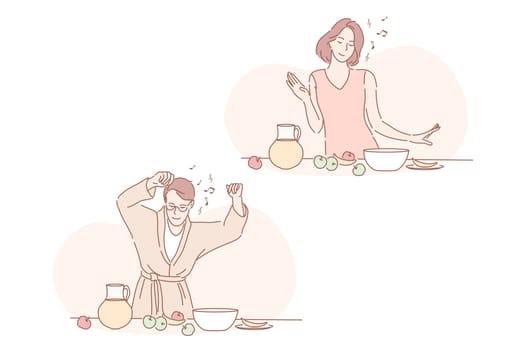 Healthy vegan food, breakfast, good day set. Young woman is making breakfast with health nutrition and dancing. Happy man has new good day and likes vegan or vegetarian food. Simple flat vector