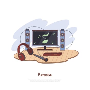 Musical equipment for indoor entertainment, television, speakers, headphones and microphone, music activity banner. Stereo system, karaoke station concept cartoon sketch. Flat vector illustration