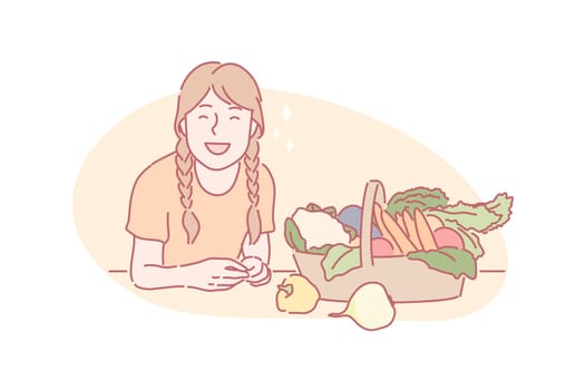 Harvesting, eco vegan food concept. Happy girl sits near basket of vegetarian food. Basket of vegetables was brought by child from harvesting. Kid likes healthy nutrition. Simple flat vector