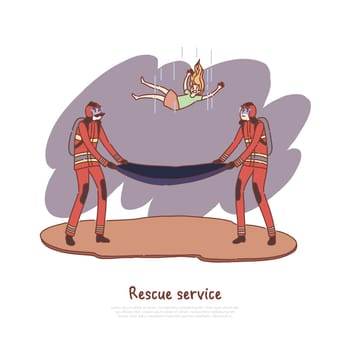 Firefighters catching falling kid, dangerous situation, men saving child, professional firefighting crew, brigade banner. Firemen rescuing girl concept cartoon sketch. Flat vector illustration