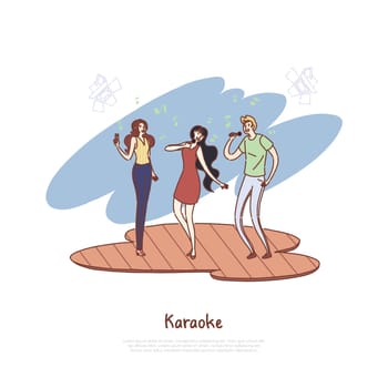 Happy people with microphones, friends group leisure, entertainment, song competition, musical party banner. Karaoke performance, singers on stage concept cartoon sketch. Flat vector illustration
