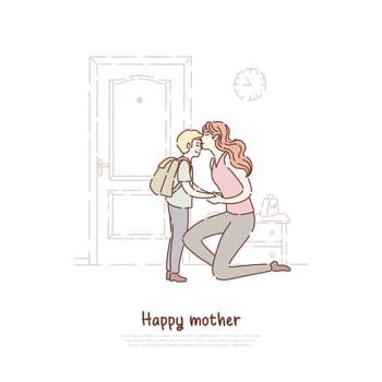 Young woman kiss little child, parent send off kid with backpack to school, family love, childcare, motherhood, parenting banner. Happy mother with son concept cartoon sketch. Flat vector illustration