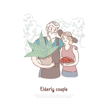 Happy old people, gardeners pair planting fruits and vegetables, woman holding fresh apples, rural lifestyle, husbandry banner. Elderly couple farmers concept cartoon sketch. Flat vector illustration