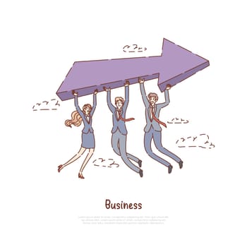 Men and woman in formal clothes holding big arrow, entrepreneurship metaphor, successful partnership, coworking banner. Business development team concept cartoon sketch. Flat vector illustration