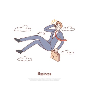 Unemployed office worker in free fall, businessman with suitcase talking on phone, business conversation banner. Entrepreneurship, job search metaphor concept cartoon sketch. Flat vector illustration